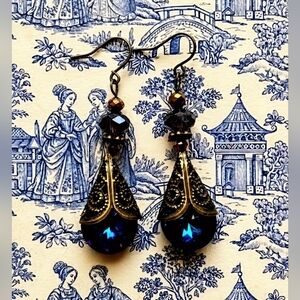 Victorian Volcano & Dark AB Crystal Filigree Drop Earrings In Brass